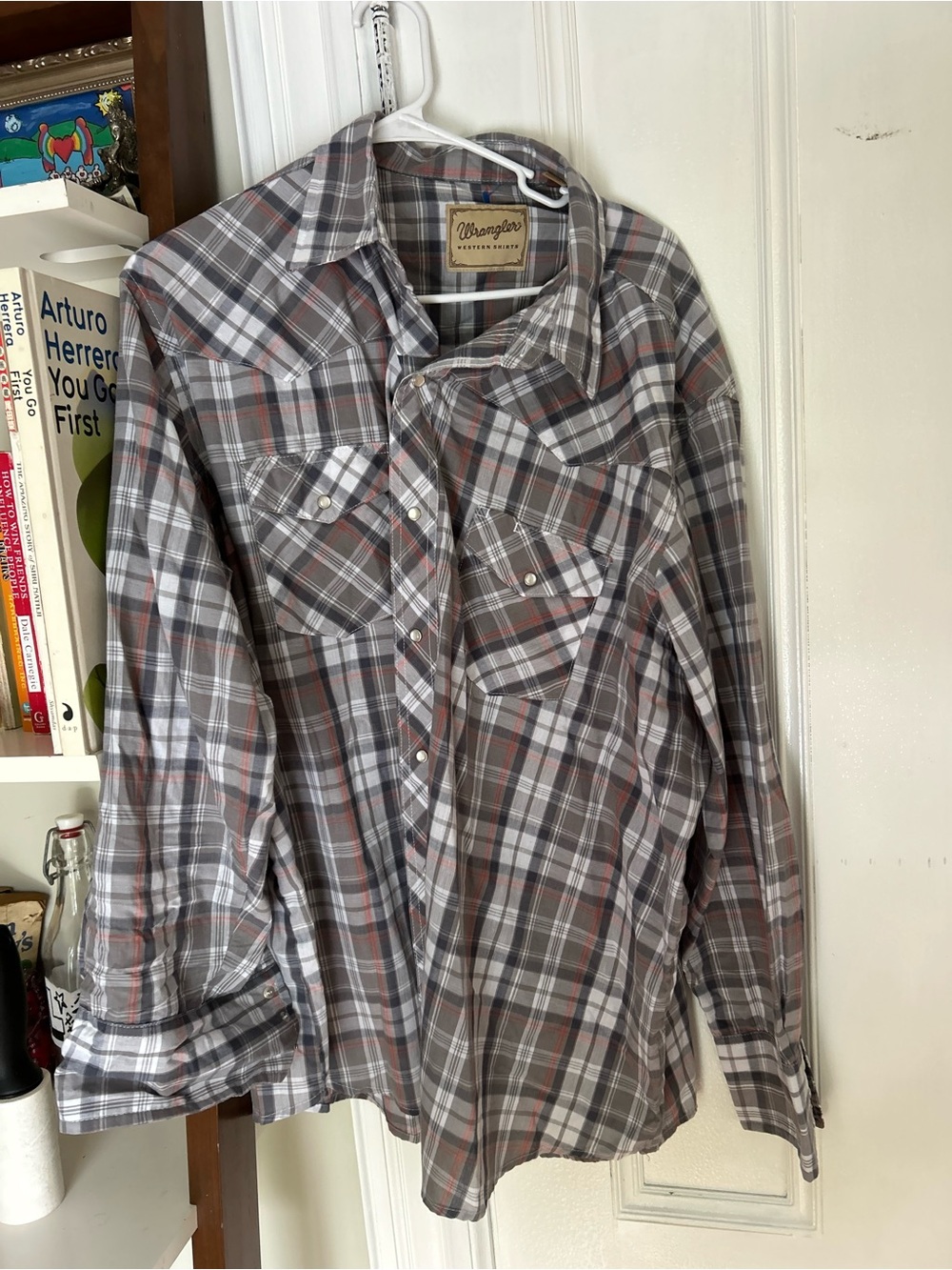 Wrangler western pearl snap Men’s Gray Plaid Button-Up Shirt 2xl